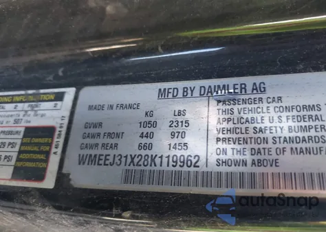 2008 Smart Fortwo Passion/Pure z USA, uszkodzony, nr VIN WMEEJ31X28K119962